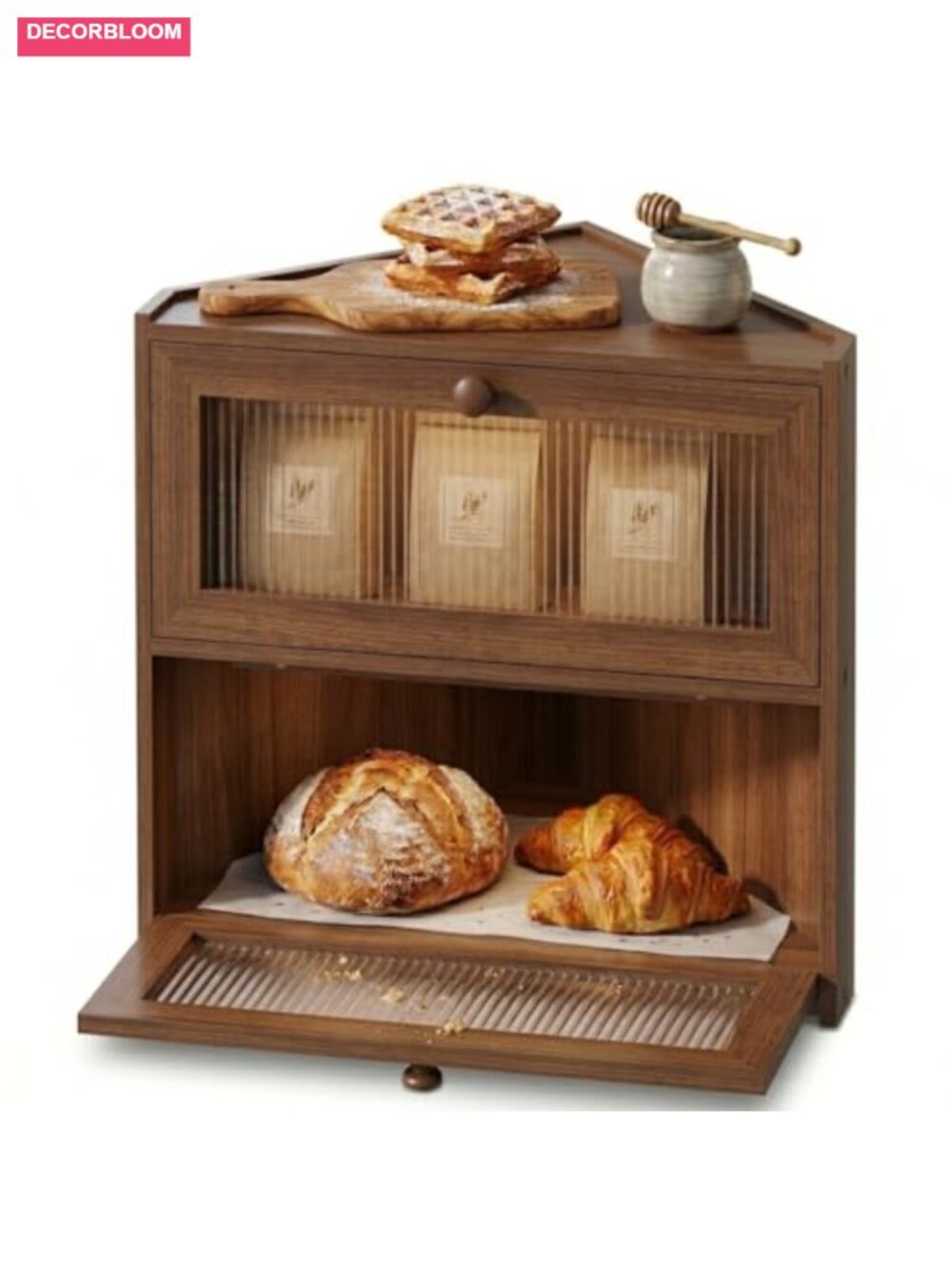 2 Tier Bamboo Bread Box for Kitchen Countertop, Large Capacity Corner Storage